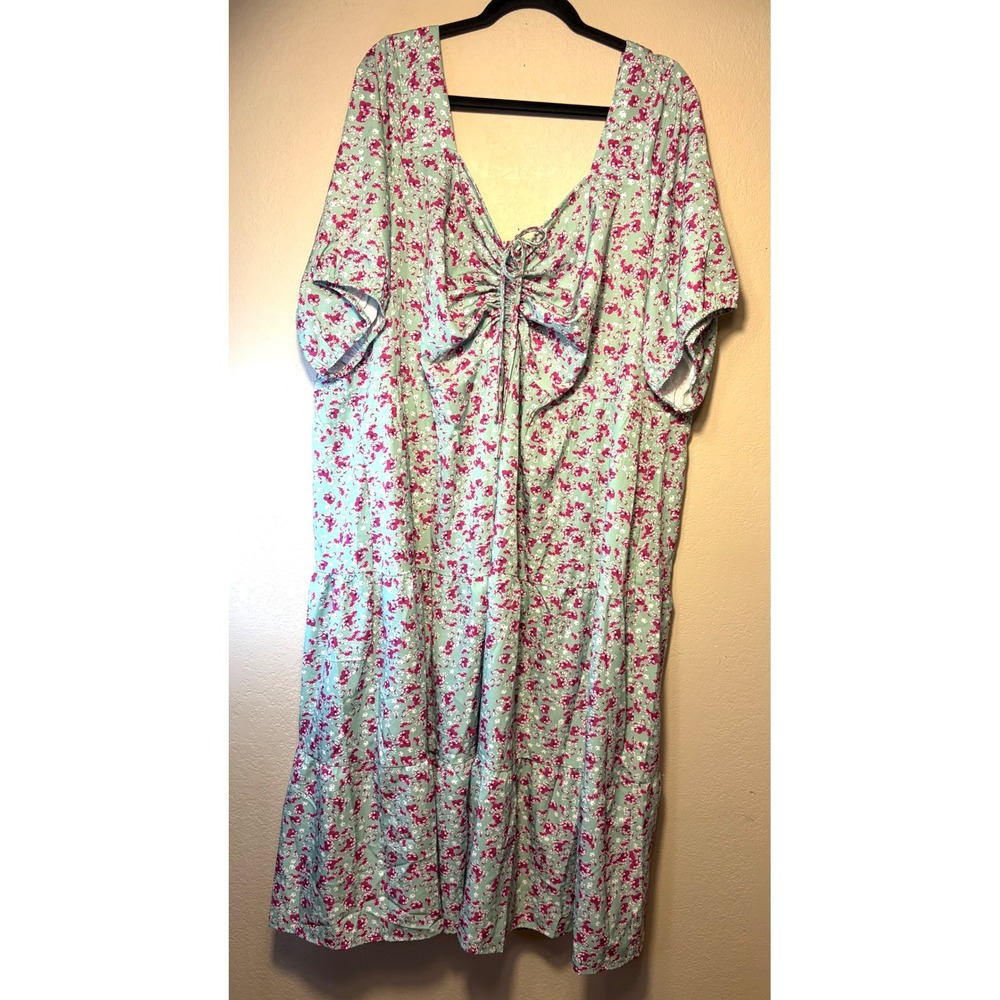 Bloomchic Floral Ruched Bust Tiered Midi Dress Mint Green Pink Plus Size 30